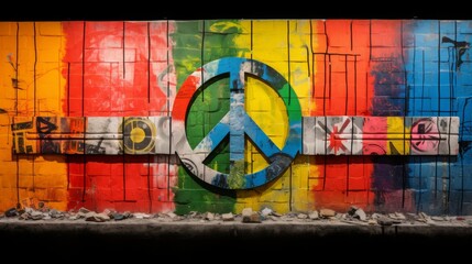 Bold Anti-War Statement: Symbol of Peace Amidst Graffiti Art. In the midst of a graffiti wall adorned with colorful blocks of paint, a striking anti-war symbol is painted prominently in the center. 