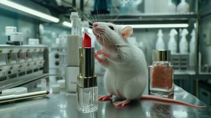 Cosmetic tests on mice. A white mouse stands on a table with red lipstick. Scientific research and experiments conducted on animals