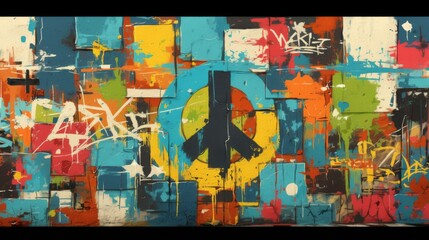 Bold Anti-War Statement: Symbol of Peace Amidst Graffiti Art. In the midst of a graffiti wall adorned with colorful blocks of paint, a striking anti-war symbol is painted prominently in the center. 
