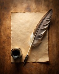 Old paper and feather on wooden background.