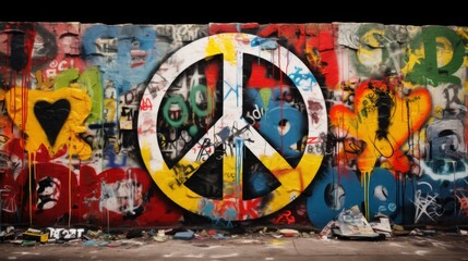 Bold Anti-War Statement: Symbol of Peace Amidst Graffiti Art. In the midst of a graffiti wall adorned with colorful blocks of paint, a striking anti-war symbol is painted prominently in the center. 