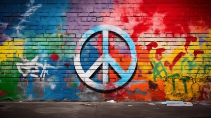Bold Anti-War Statement: Symbol of Peace Amidst Graffiti Art. In the midst of a graffiti wall adorned with colorful blocks of paint, a striking anti-war symbol is painted prominently in the center. 