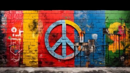 Bold Anti-War Statement: Symbol of Peace Amidst Graffiti Art. In the midst of a graffiti wall adorned with colorful blocks of paint, a striking anti-war symbol is painted prominently in the center. 