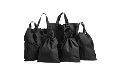 set of bags made of black cotton fabric isolated on transparent background