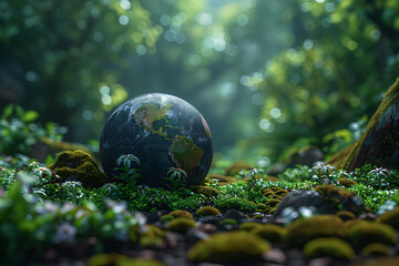 A vibrant blue and green Earth globe with lush vegetation, symbolizing environmental world protection, ecological conservation, and the message of "Save the Planet" for Earth Day