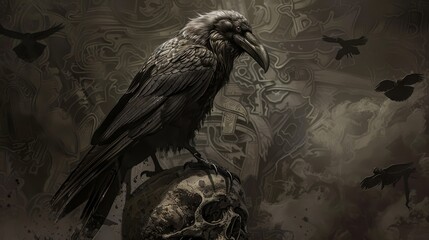 Crow On Skull For Halloween Design