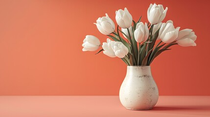 A vase with white tulips on an empty peach background, front view.
