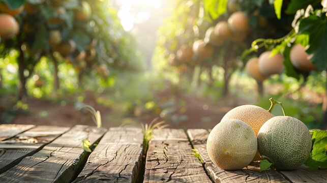 wooden table for product presentations Contrasted with the background of the melon orchard, the sunlight is bright.