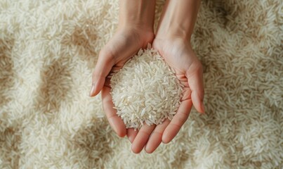 top view of hands holding bunch of rice. blurred rice fill the background. - Powered by Adobe