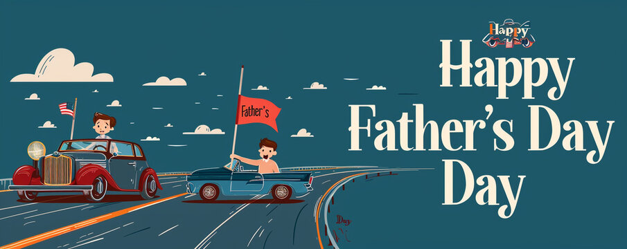 A sophisticated Father's Day template with a child and father as two vintage cars on the left, the smaller car honking as it gifts a flag.