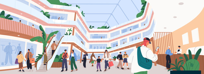 People walking in shopping mall. Customers, buyers, purchasers in retail store, shoppers multi-story center. Modern interior panorama with escalator, showcases, floors. Flat vector illustration