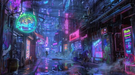 Naklejka premium Cyberpunk City Street With Neon Lights