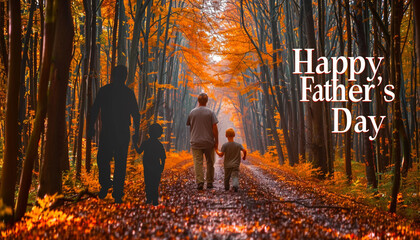 A wide-angle view of a forest in full autumn splendor, where a father and son's silhouettes add a...