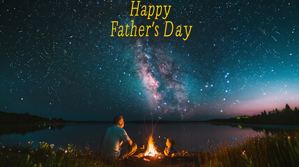 A wide starry night with a bright campfire at a secluded lake, subtly suggesting a father and...