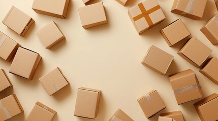 scattered brown cardboard boxes against a beige background, leaving ample space for product display...