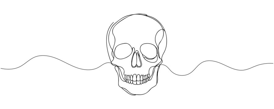 recommend clip art: Human scull. One line continuous Halloween skull isolated on white background. Line art outline vector illustration.
