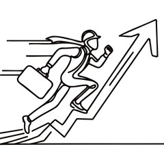 Continuous line art drawing of business man run into the top of up arrow for business, Vector illustration.