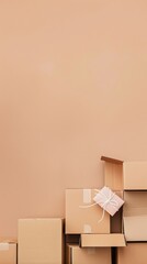 scattered brown cardboard boxes against a beige background, leaving ample space for product display mock-ups.