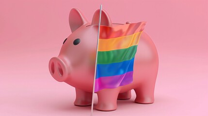 Pink piggy bank with LGBTQ concept for saving money. Decorated with rainbow flag On an isolated pink background