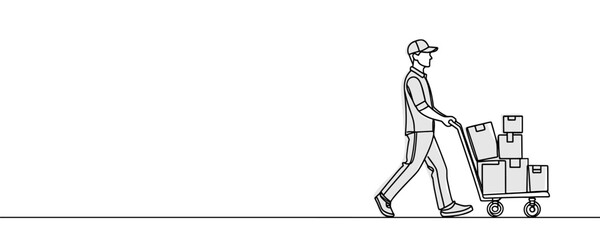 Single line drawing of a courier with a cardboard box with a trolley. Delivery service concept. Vector illustration of continuous line drawing.