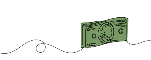 a stack of paper money, cash, banknotes, dollars, in one line. Continuous line drawing of dollars