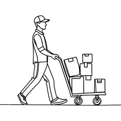 Single line drawing of a courier with a cardboard box with a trolley. Delivery service concept. Vector illustration of continuous line drawing.