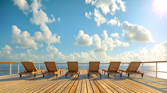 A serene cruise ship deck featuring six empty wooden lounge chairs arranged in a row under a bright blue sky with scattered clouds.