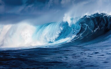 A powerful ocean wave curling with vibrant blue tones.
