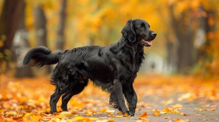 Taking a walk and playing in a park in autumn, with a lone black flat-coated retriever against an urban backdrop.