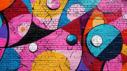 Colorful street art graffiti on a brick wall featuring abstract shapes and vibrant colors.