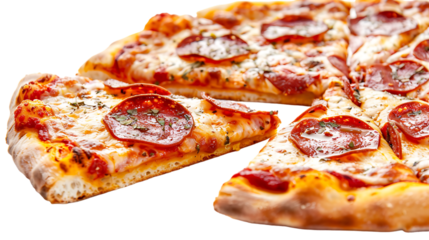Slices of tasty pizza with pepperoni isolated on transparent background