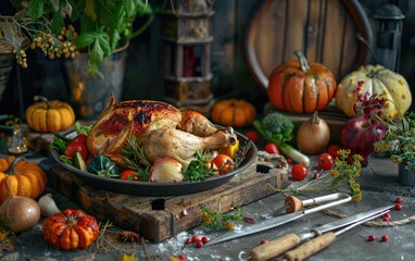 A rustic spread of roasted chicken, seasonal vegetables, and autumn decor.