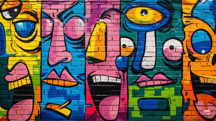 Vibrant street art of abstract faces with different emotions, bold lines and bright colors on a brick wall.
