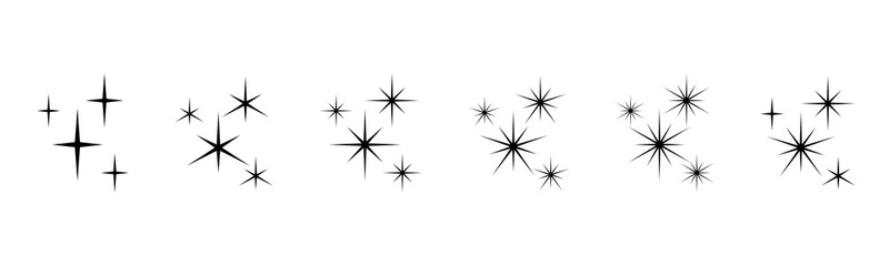 Collection of sets of decorative star sparkles isolated on a white background - Simple black sparkle icons - Shine little stars for decorations on party or celebration cards