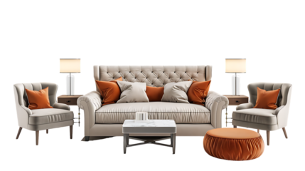 sofa set and modern luxury bedroom isolated on transparent background