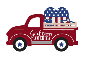 Patriotic truck in the colors of the national flag. Pickup car with firework and quote: red, white, boom. 4th of july funny card. Independence day card. National holiday 