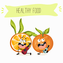 Cute tangerine, orange fruit characters, funny fruits, funny berry with different activities. Flat vector illustration. Organic food, healthy food, illustrations for kids menu, invitations.