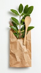 takeaway dining essentials, featuring eco-friendly craft paper bags and wooden cutlery on a clean white background for a mockup set.