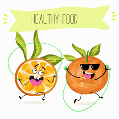 Cute tangerine, orange fruit characters, funny fruits, funny berry with different activities. Flat vector illustration. Organic food, healthy food, illustrations for kids menu, invitations.