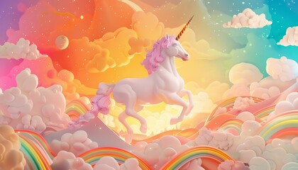 Obraz premium A unicorn is flying through a rainbow-filled sky by AI generated image