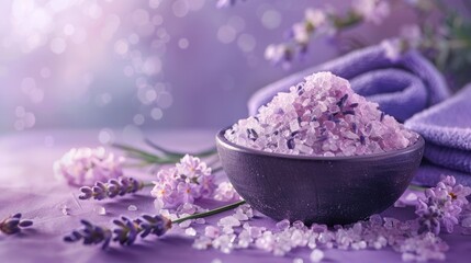 Obraz na płótnie Canvas Lavender sea salt with a rough texture for bathing set against a purple backdrop