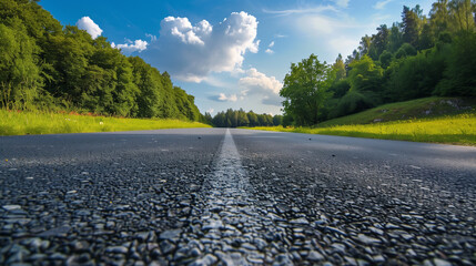low angle view of asphalt road in green landscape, wallpaper, background 