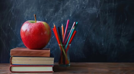 Bright color Red apple and Globe with stack of book and a box of pens holder on the table with black chalkboard background  - Powered by Adobe