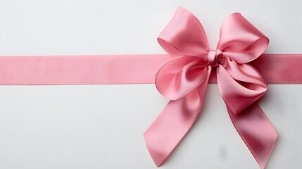 Pink ribbon bow on white background with copy space for text, gift decoration element, pink color satin ribbons in flat lay composition, isolated on blank background .
