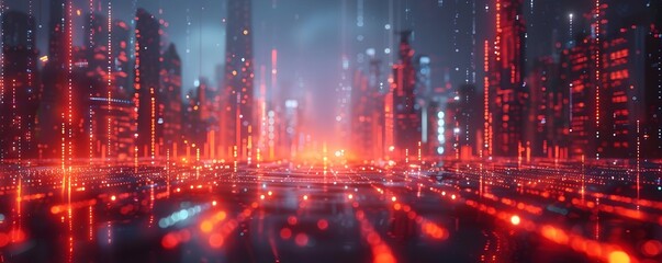 Glowing Data Streams Visualizing a Futuristic Tech City Network with Illuminated High Rise Buildings and Architectural Structures