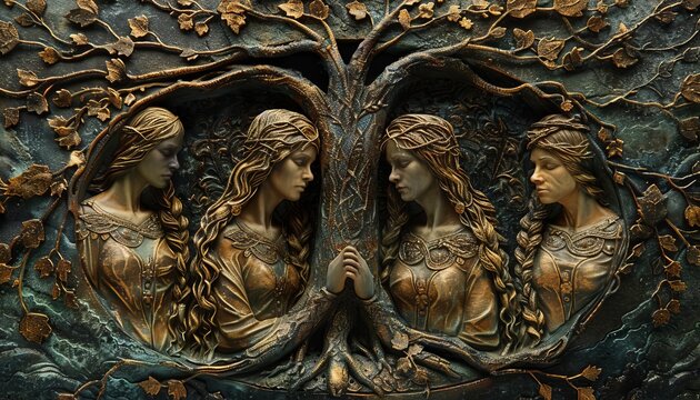 A mystical depiction of the Norns, the weavers of fate, working on the threads of life beneath the Yggdrasil tree