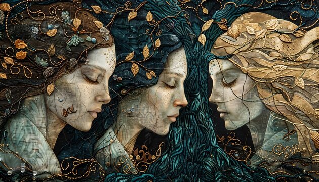 A mystical depiction of the Norns, the weavers of fate, working on the threads of life beneath the Yggdrasil tree
