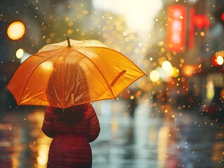 Warm Autumn Stroll Through Quiet City with Bright Umbrella Reflecting in Glistening Rain Puddles Under Soft Sunrise Illumination