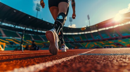 Athletes with prosthetic blades run at stadiums with disabilities.