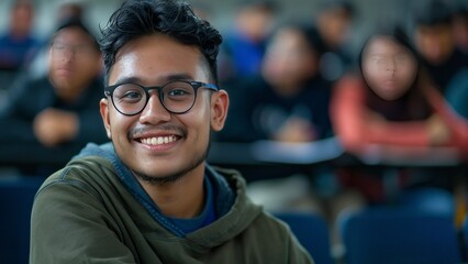 Close-up of a smiling young man with glasses in a classroom, conveying positivity and engagement among peers.